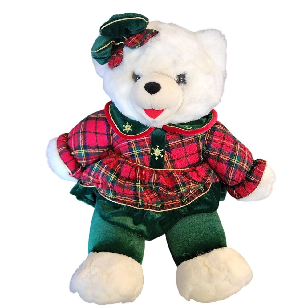 Vintage 1999 Snowflake Teddy Bear Plush Red Plaid Dress & Green Velvet Outfit 22